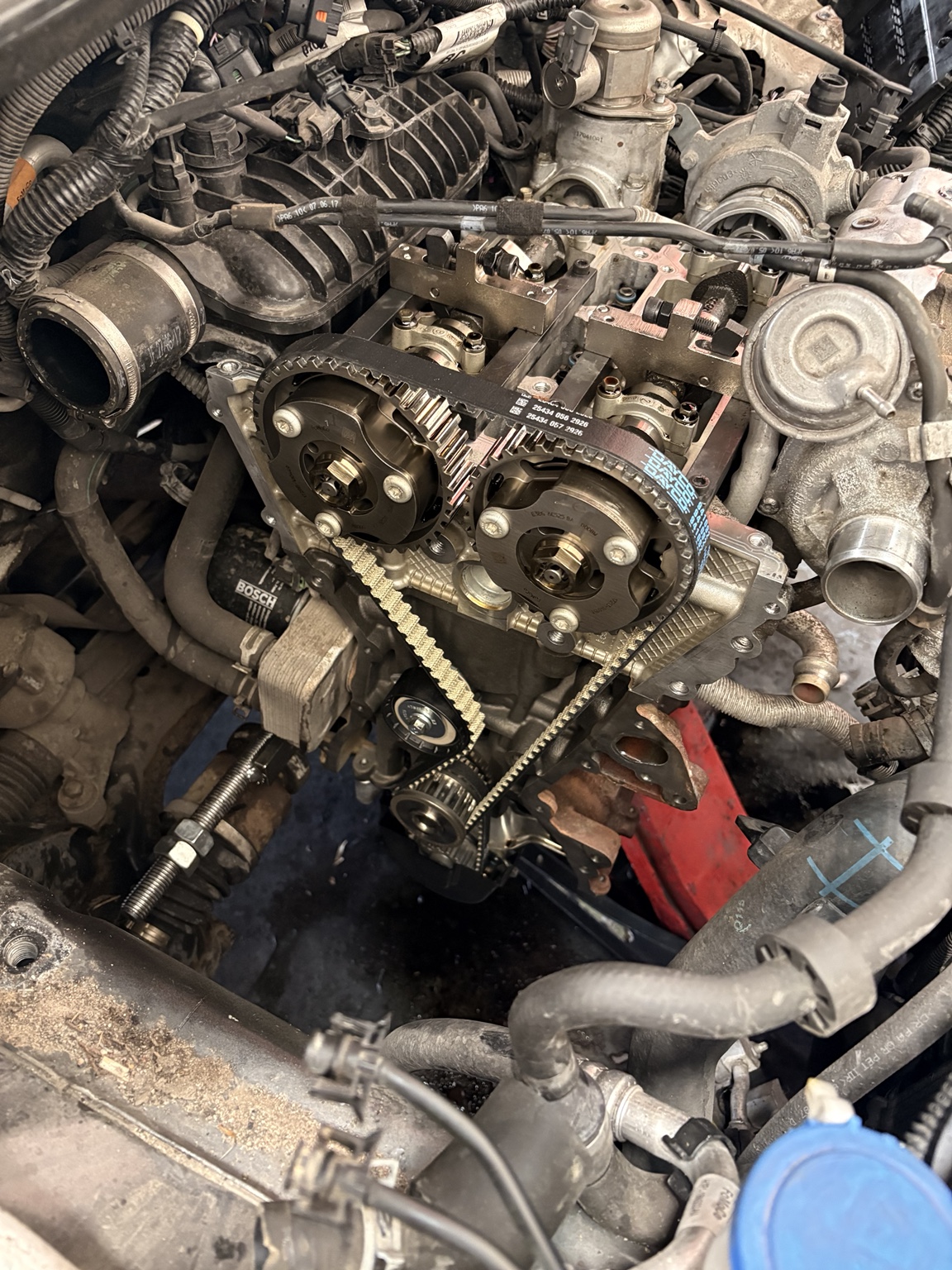 New wet timing belt installed during engine repair
